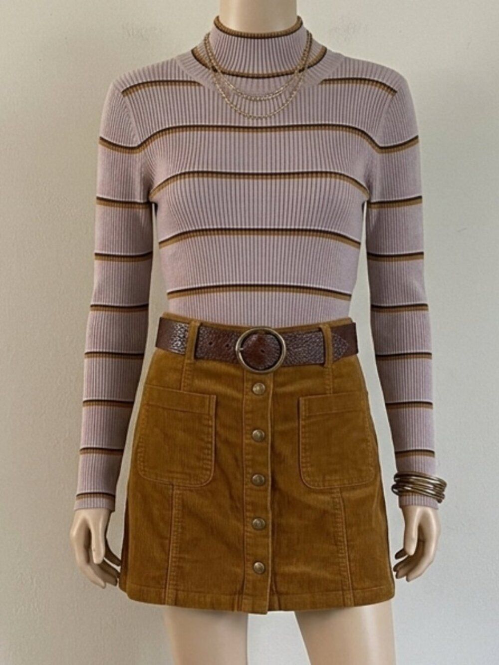 Pink Republic Retro Striped Top XL Brown Ribbed Knit 70s Mock Neck Long Sleeve